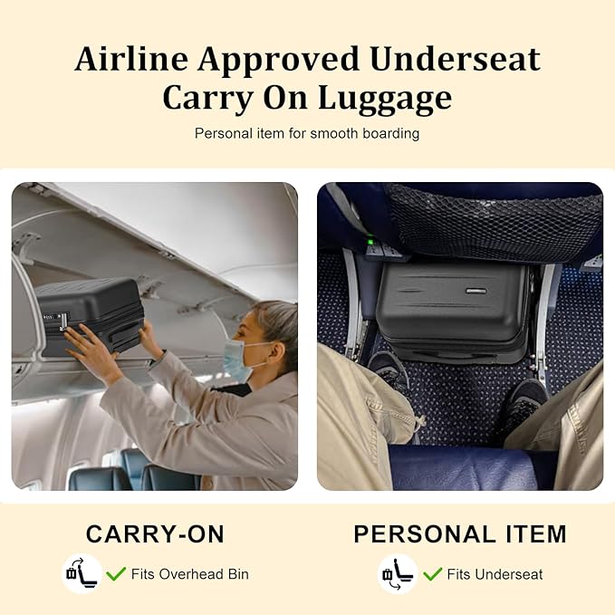 16 Inch Underseat Carry On Luggage Airline Approved, Expandable Lightweight ABS+PC Hard Shell Suitcases with 360° Spinner Wheels, TSA Lock, YKK Zipper, for Business Weekender (Black, 1 PC)