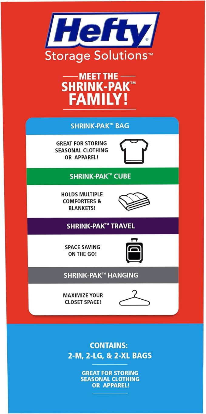 Hefty Shrink-Pak - 2 Medium, 2 Large, 2 XL Vacuum Seal Storage Bags – Space Saver Bags for Clothing, Pillows, Towels, or Blankets, 6 Pc Set