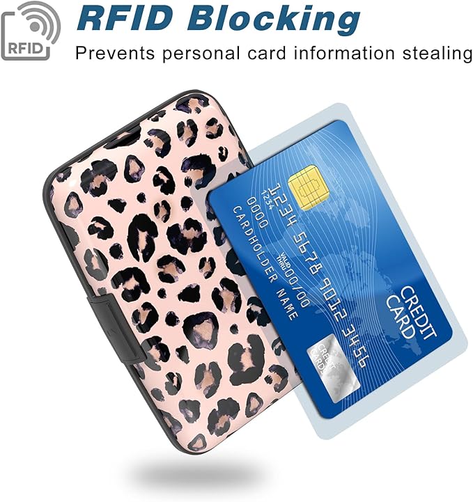 Credit Card Holder, Mini Aluminum Card Wallet RFID Blocking Slim Metal Hard Card Case for Women Men, Pink Leopard