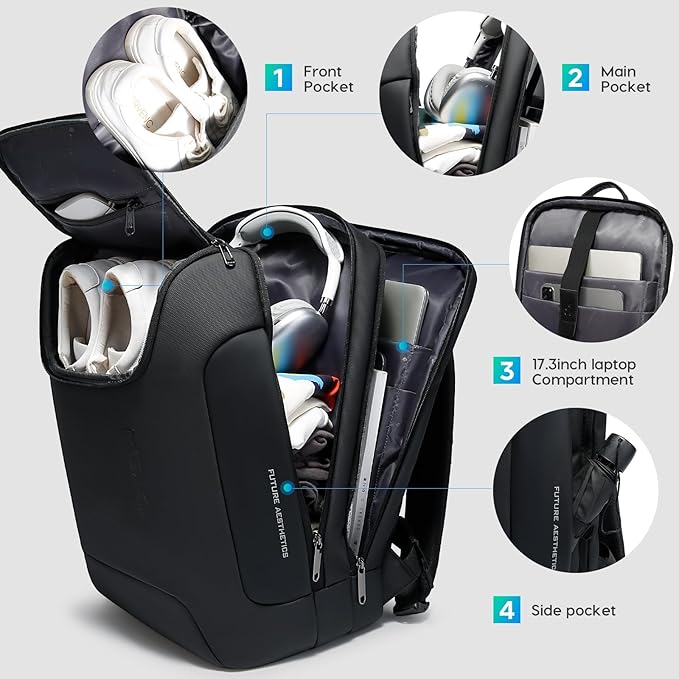 BANGE Men's Laptop Backpack for 17.3Inch Notebook,Waterproof Fashion Travel Backpacks,High Tech Backpack with Water Bottle, Work Business Backpacks for Men and Women