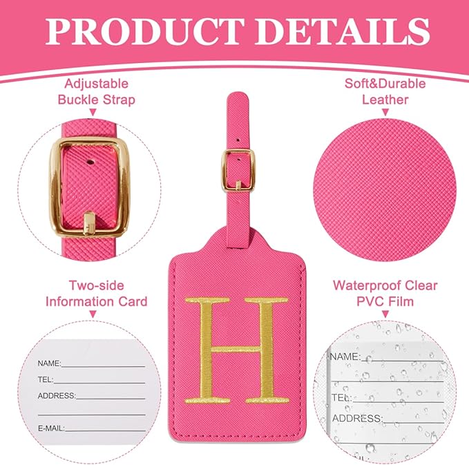 Personalized Initial Luggage Tags for Suitcases,Leather Letter Cute Luggage Tags with Privacy Name Card,Embroidered Monogrammed Travel Bag Backpack Tag Gifts for Women Kids Girls Teens(Rosered-H)