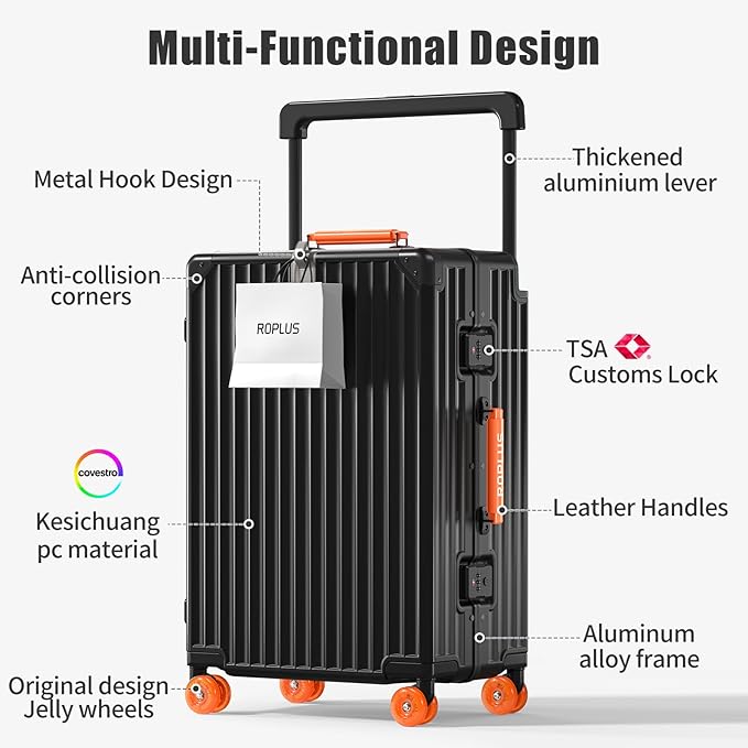 Aluminium Frame Checked- In Luggage with Smooth Jelly Wheels, Hardside Zipperless Rolling Suitcase with TSA Lock (BlackOrange, 28-Inch)