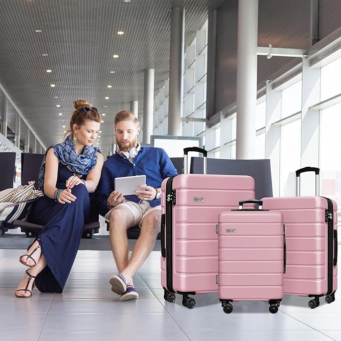Explorer Lightweight Hardshell 20% Expandable 3-Piece Luggage Set with TSA Lock, Double Spinner Wheels, and Carry-On Suitcase,Pink