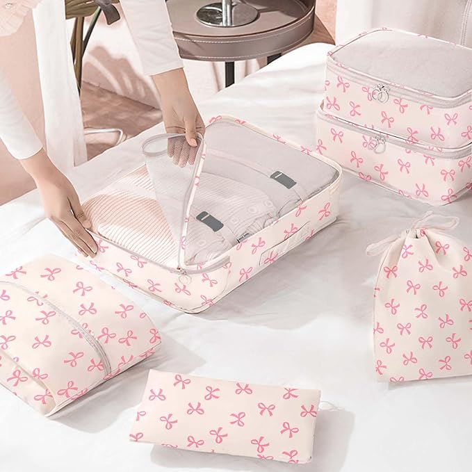 KPX 8 Set Packing Cubes for Travel, Luggage Packing Organizers Accessories Large Toiletries Bag for Clothes Shoes Cosmetics (8Set-Pink Bow)