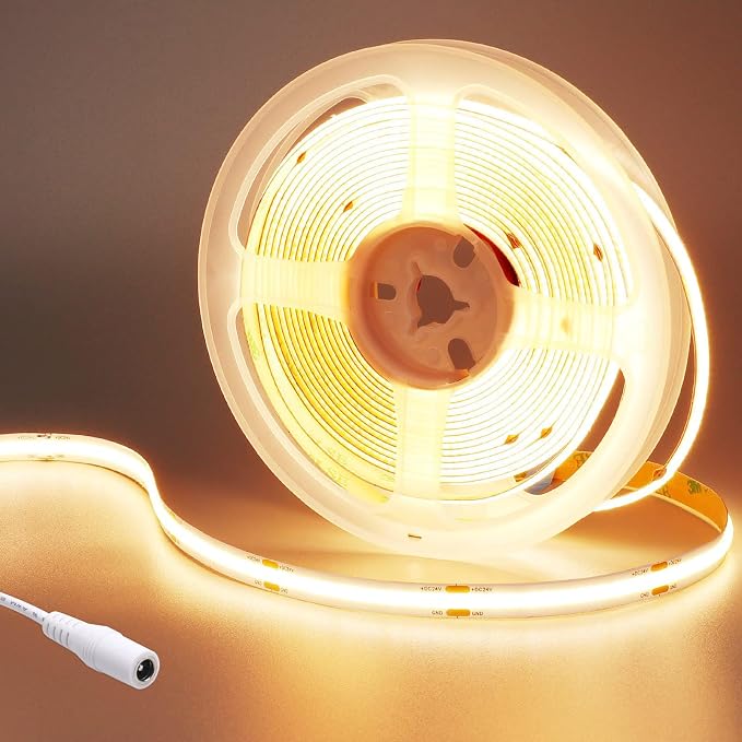 24V COB LED Strip Light Warm White 3000K 5M/16.4ft 2400LEDs 4500Lm | Uniform Glow CRI 93+ Flexible IP20 Not Waterproof LED Tape Lights for DIY Bedroom Home Decor(Power Supply not Included)