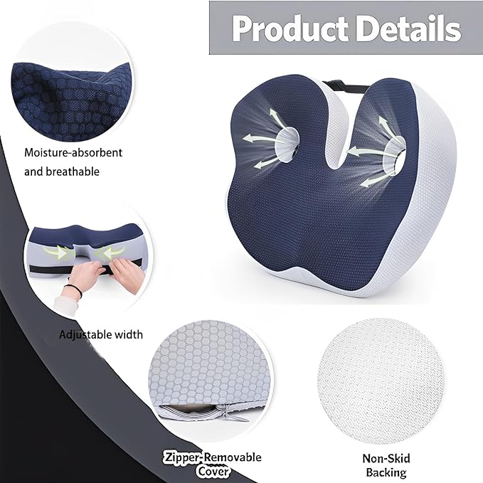 Seat Cushion, Seat Cushion for Sit Bone and Back Pain Relief, Butt, Tailbone, Hip, Hamstring, Posture Support - Memory Foam Comfort Ischial Tuberosity Pillow (Blue)