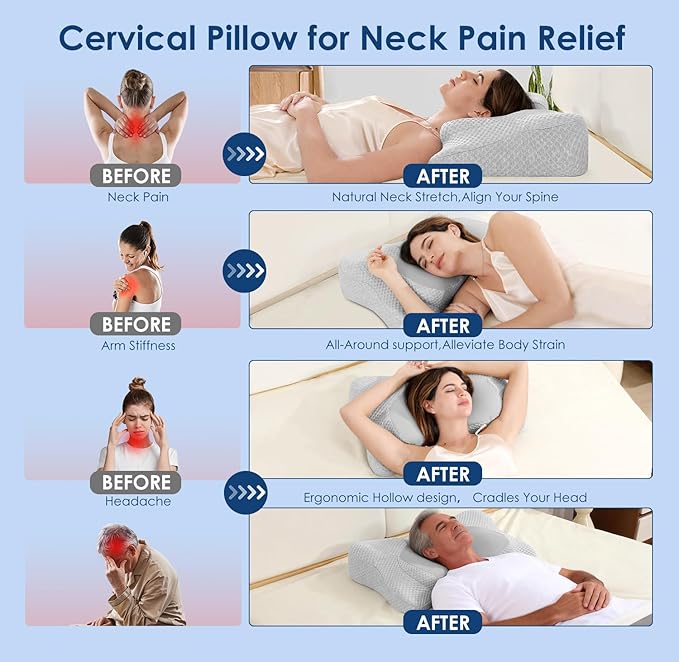 Cervical Neck Pillow Side Sleeper Pillow Ergonomic Memory Foam Contour Pillow for Pillow for Neck Pain Relief, Cooling Breathable Certified Cervical Pillow for Back and Stomach Sleeping(Gray)
