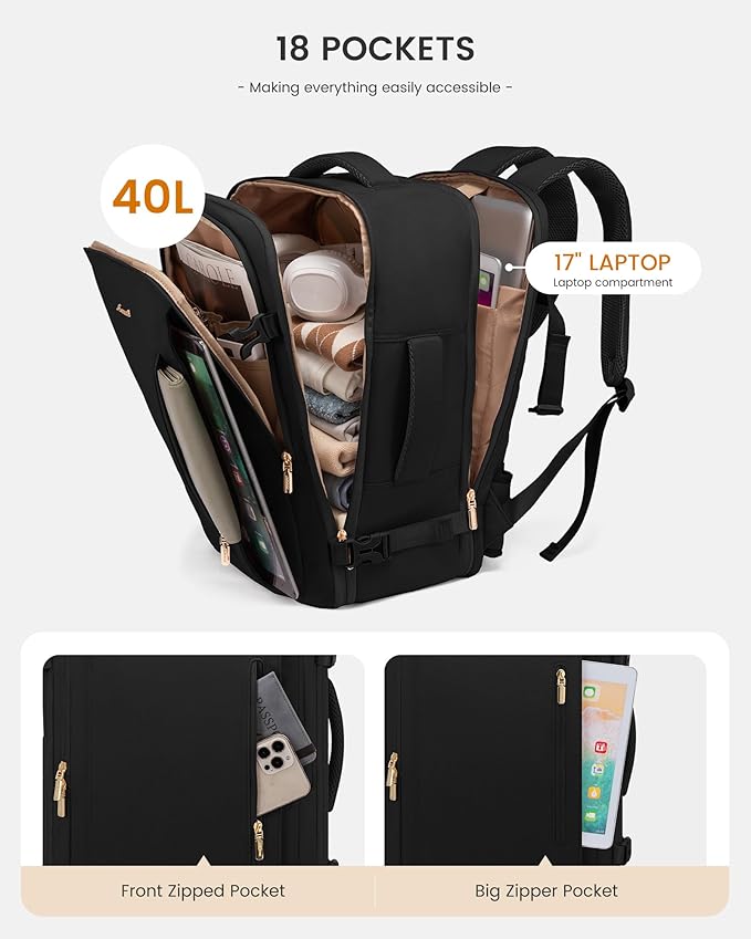 LOVEVOOK Travel Backpack For Women & Men with Waist Strap,40L Waterproof Carry On Backpack Luggage Travel Essentials Flight Approved,TSA Personal ltem Travel Bag Weekender Daypack with 3 Packing Cubes