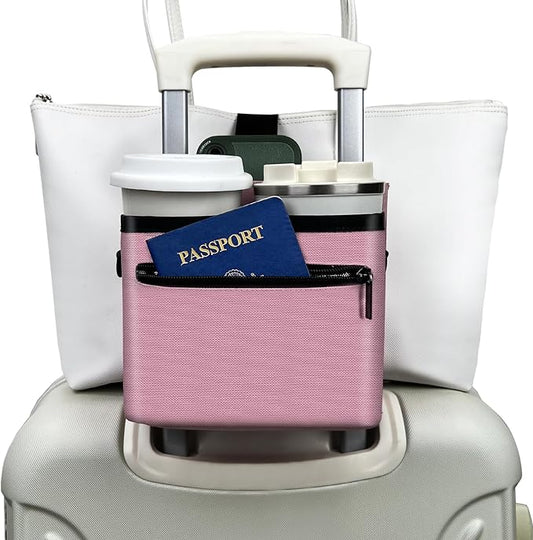 Travel Luggage Cup Holder, Liveagain Drink Caddy, Luggage Cup Holder Attachment, Free Hand Suitcase Drink Carrier for Drinks Beverages, Coffee, Bottles, Snack (Pink)