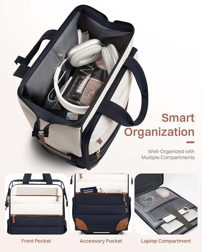 Rolling Puffer Backpack for Women, Travel Backpack with Wheels, 16 Inch Wheeled Laptop Backpck, Dual-Opening Design Overnight College Underseat Carry on Luggage, Roller Business Work Bag, Navy Blue