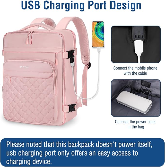 MOSISO Travel Backpack for Women Men, 15-15.6 inch Rhombus Quilted Laptop Backpack Flight Approved with Packing Cubes, 16 inch Carry on Daypack with USB Port for College Work Business, Pink