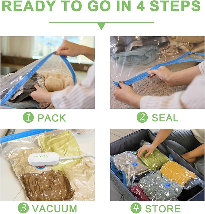 15 Pack Vacuum Seal Bags for Clothing Travel with -60000Pa USB Pump, Save 80% of Space for Clothes (15 Combo)