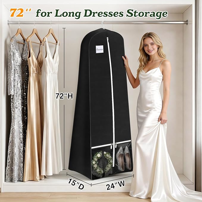 SLEEPING LAMB 72'' Bridal Wedding Gown Dress Garment Bag 15'' Gusseted Garment Cover Shoe Pockets Travel Garment Storage Bag for Prom, Evening Gowns, Black