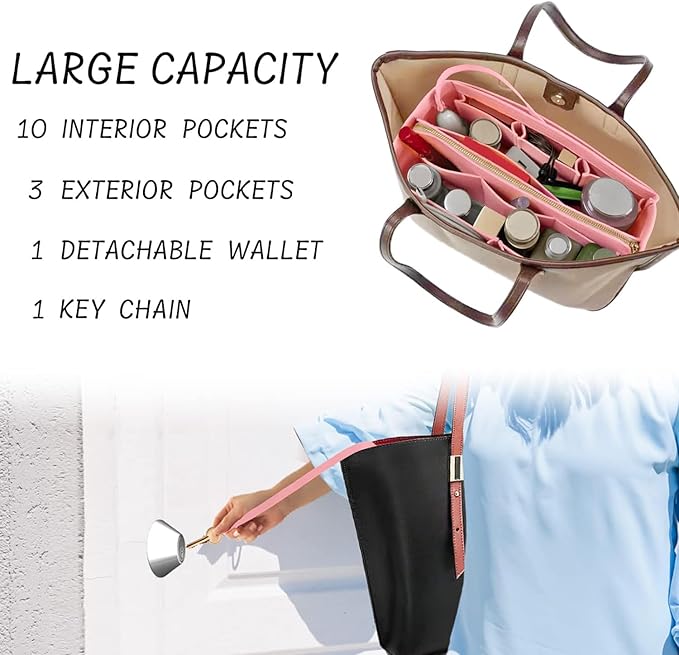 DailyPlus Purse Organizer Insert with Zipper Felt Bag Organizer for Tote Purse Bag Pink Medium