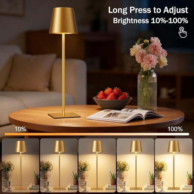 Gold Cordless Rechargeable Table Lamp, 2 Pack Portable Desk Lamp with 5000mAh Battery, Touch Control Stepless Dimming, Wireless Night Light for Dining, Outdoor Camping, Coffee Shop, Water Repellent | 5000mAh, Touch Control, 3 Color Modes Stepless Dimmi...