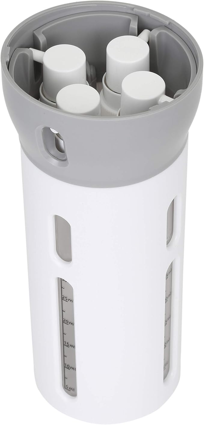 Travigo 4-in-1 Travel Dispenser Bottle, TSA Approved, Leak Proof, Four Reusable 1.4 oz. (40 mL) Toiletry Containers for Shampoo, Conditioner, Soap, Lotion, Skincare (Gray)