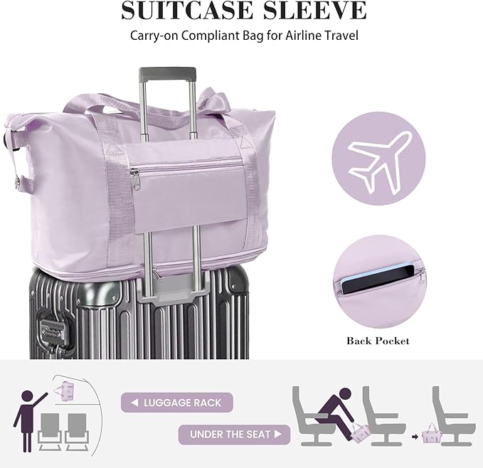Large Shoulder Weekender Overnight Duffel Bag - Carry On with Wet Pocket, Waterproof Expandable Duffel Bag with Trolley Sleeve, Sports Tote Gym Bag for Women, Purple