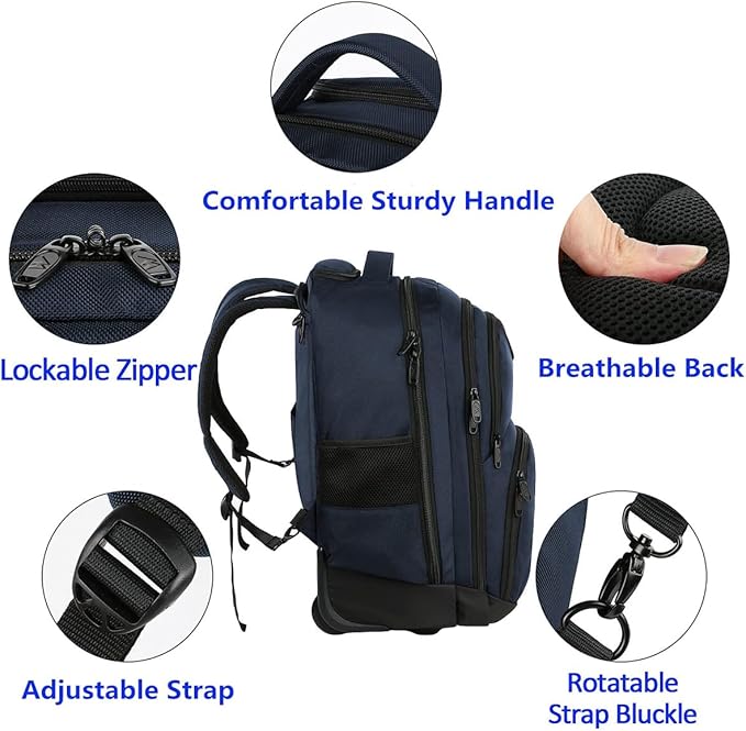 MATEIN Backpack with Wheels, Travel-friendly Rolling Laptop Backpack for Men Women, Freewheel Carry on Luggage Business bag, Compact College Trolley Suitcase Computer Bag fit 17 inch Notebook, Blue
