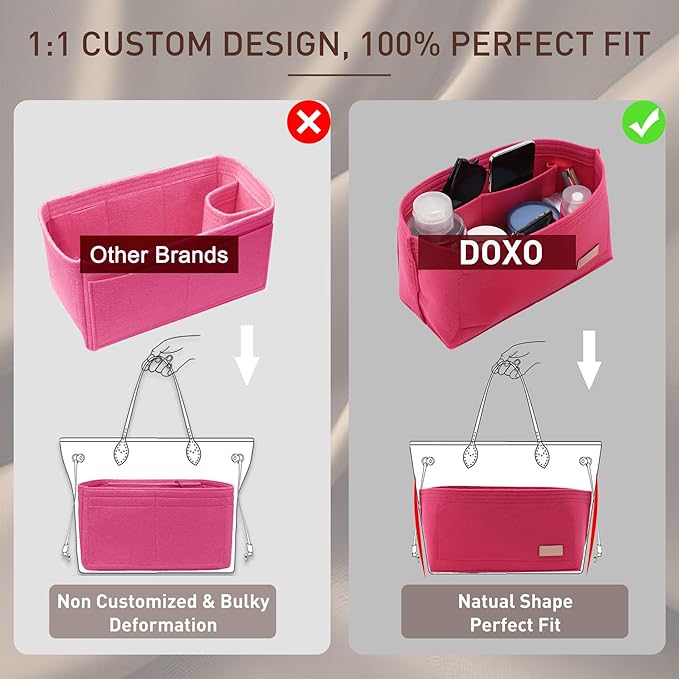 Doxo Purse Organizer Insert, Felt Bag Insert Tote Shaper Fit LV Neverfull PM & Base Shaper 2pc Set with Zipper Pocket and Bottle Holder (M-Rose)