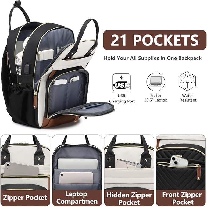 Laptop Backpack for Women Travel Backpacks - 15.6 Inch Laptop Computer Bag with Pouch Pocket Large Capacity Cup Purse Work Business Back pack College Teacher Bags Beige Black Brown