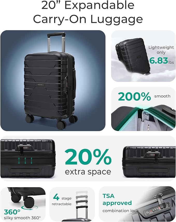 BAGSMART Carry On Luggage 22x14x9 Airline Approved with Spinner Wheels,Lightweight 20 Inch Luggage with TSA Lock,Expandable Hard Shell Carry On Suitcases for Men Women,Black