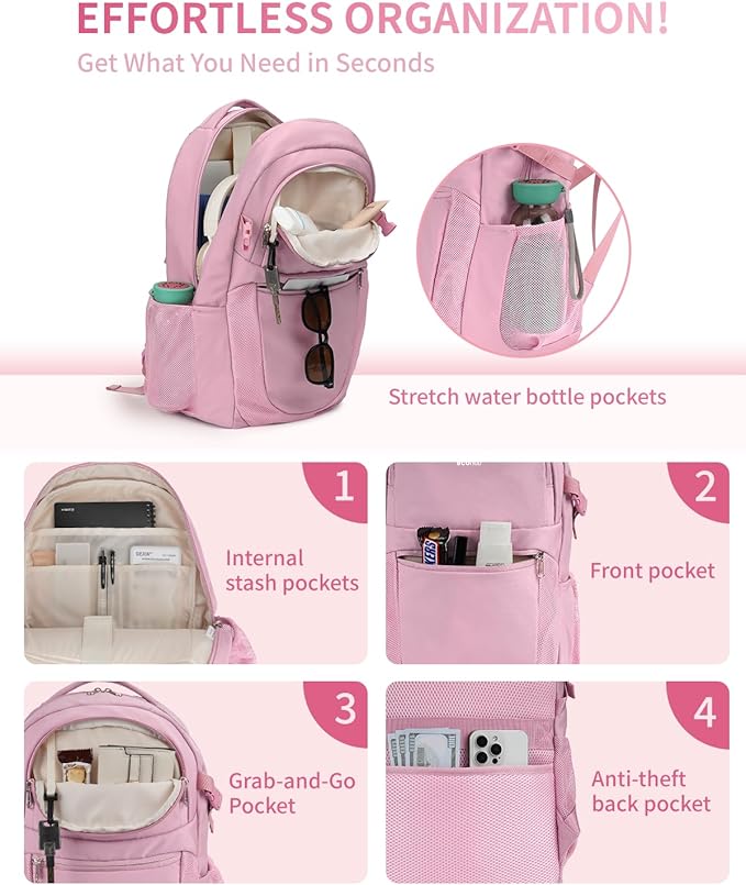 ECOHUB Travel Backpack for Women, 17.3 inch Suspended Laptop Backpack, Fashion Water-Resistant College Computer Bookbag, 28L Personal Item Bag with 12 Pockets for Causal, Work, Pink