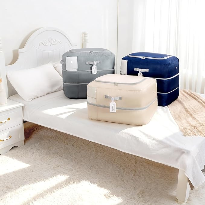 Comforter Storage Bag - 110L Large Capacity Blanket Storage Bags 2-Layer Ultra Space Saving Self Compression Organizer, Washable Compression Bags for Storage Comforter Blanket, 4-Pack, Beige