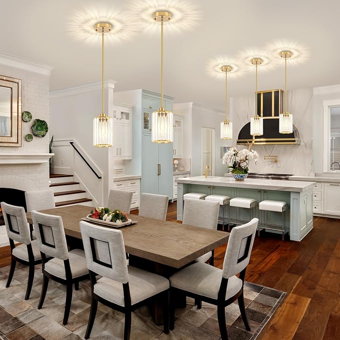 3 Pack Brushed Brass Pendant Lights Over Island Kitchen Light Fixture | Adjustable Height Hallway Ceiling Lights, Modern Crystal Hanging Pendant Lighting for Dining Room Bathroom Above Sink