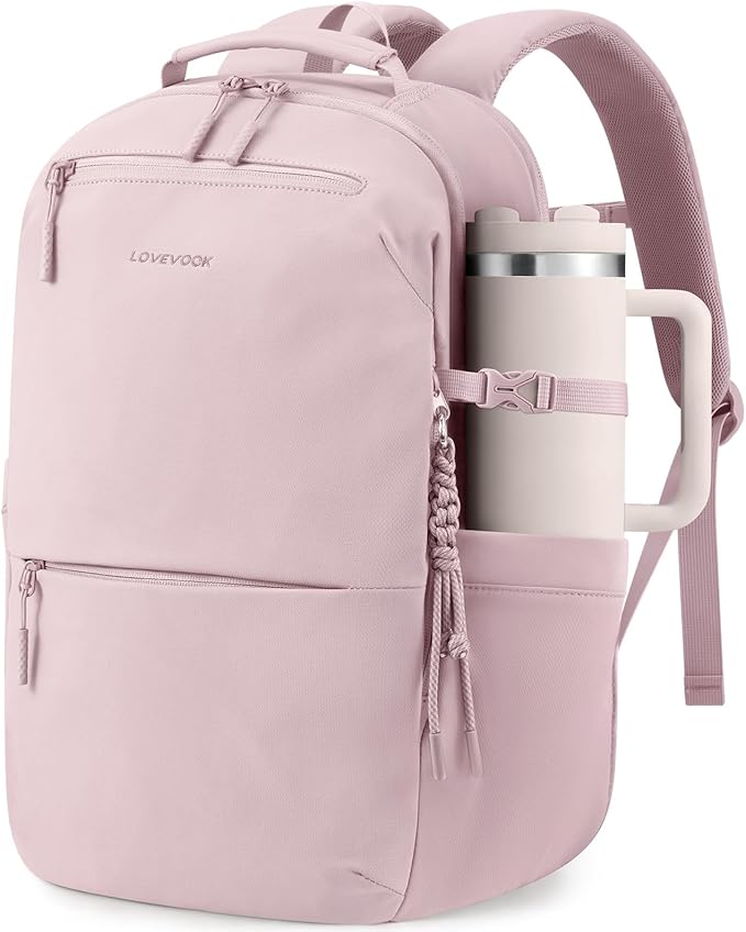 LOVEVOOK Laptop Backpack for Women with Giant Tumbler Holder - 15.6Inch Work Computer Travel Backpack with Laptop Compartment, Water Resistant, Cute Commuter College Teacher Nurse Purse Bag, Pink