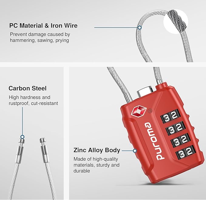 Puroma 2 Pack TSA Approved Luggage Lock, 4 Digit Combination Travel Cable Locks Resettable Code Lock with Zinc Alloy Body for Suitcase, Toolbox, Backpack, Bag, Gym Locker (Basic Red)