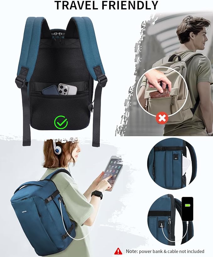 ECOHUB 40L Carry-On Travel Backpack, TSA-Friendly, Anti-Theft Water-Resistant Lightweight with 17.3″ Laptop Compartment, Durable PFAS-Free Rucksack, Green
