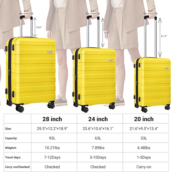 Zebra Luggage Sets 3 Piece, 20" Carry On Luggage with Spinner Wheels, Hardside Business Travel Suitcase Set with TSA Lock, Lightweight Suitcase,20/24/28 inch,Yellow
