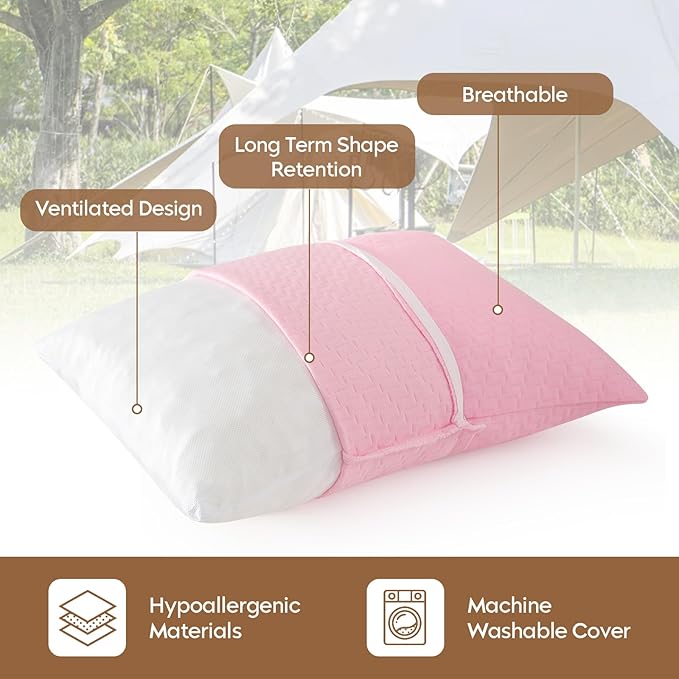 Small Shredded Memory Foam Pillow, Camping Pillow Travel Pillow - Compressible Medium Firm, Breathable Cover, Ideal Backpacking Hiking, Airplane and Car (Apricot Pink, M)