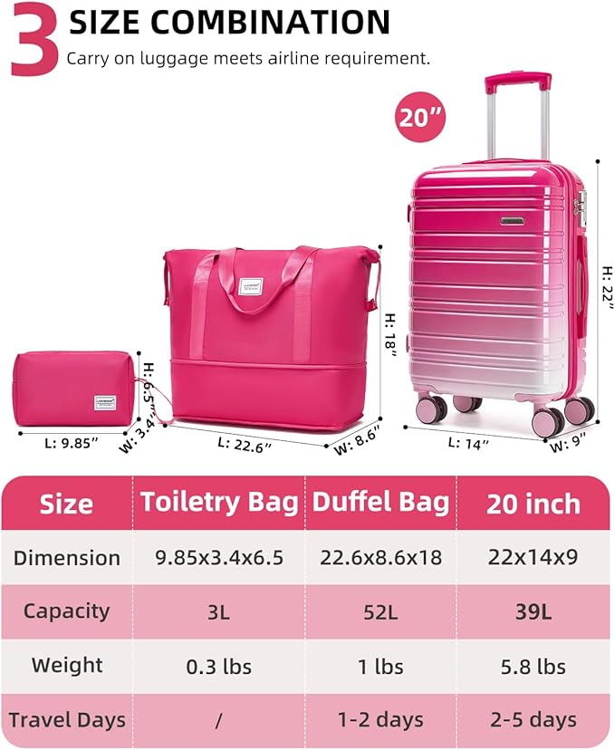 LARVENDER Carry on Luggage 22x14x9 Airline Approved, 20 Inch Hardside Suitcase with Wheels TSA Lock, PC+ABS Lightweight Travel Luggage Sets for Women, Berry Sparkling, 3 Piece Set