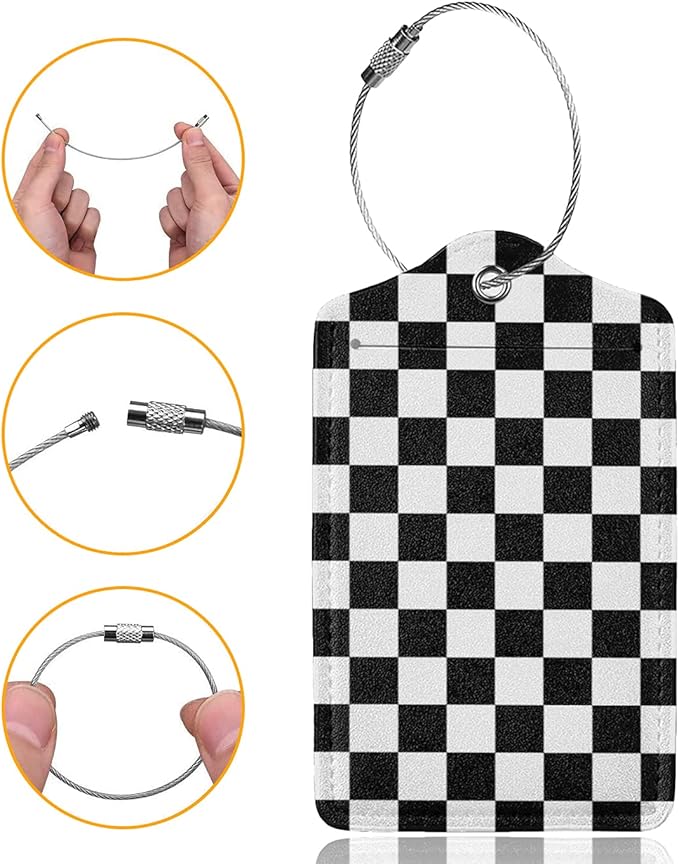 2 Pack Luggage Tags for Travel PU Leather Luggage Tag Name ID Labels with Privacy Cover for Suitcases Women Men Kids Girls (Black and White Grid)