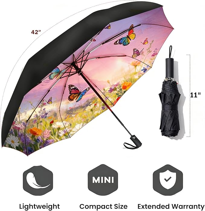 SIEPASA Compact Travel Umbrella - Windproof Auto Open/Close, Lightweight Folding Umbrella wIth Fiberglass Frame & Waterproof Canopy. Fits Backpack/Purse. (Garden Butterfly)