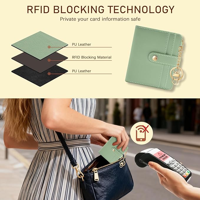 Jogjam Green Rfid Ladies Wallet, Small Slim Thin Compact Credit Card Women Wallet, PU Leather Bifold Cash Zipper Coin Pocket ID Window for Female