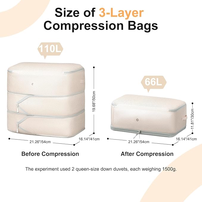 Comforter Storage Bag - Ultra Space Saving Self Compression Organizer 110L, Large Capacity Blanket Storage Bags, Washable Compression Bags for Storage 3 Pack, Beige