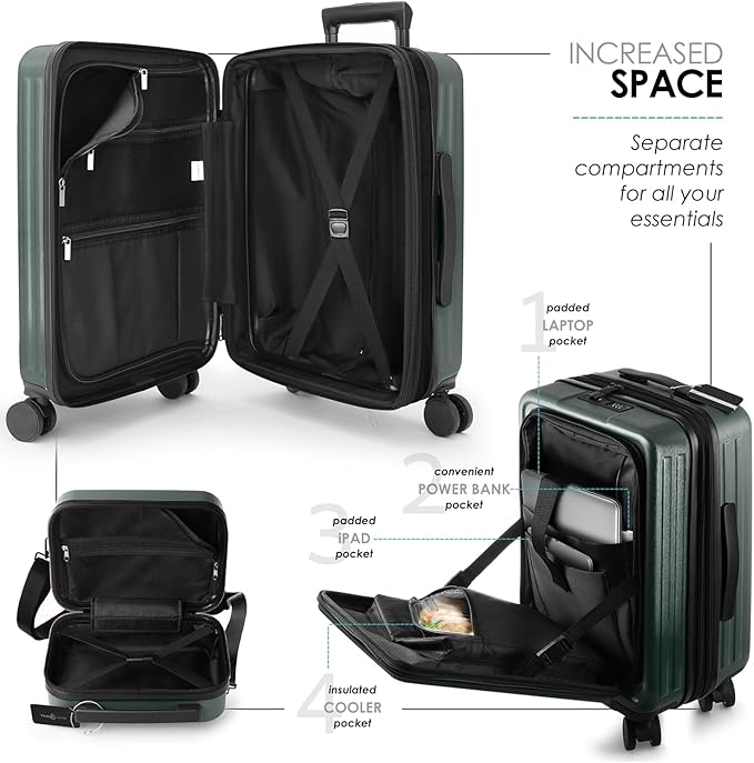 22 Inch Carry On Luggage 22x14x9 Airline Approved, Small Carry On Suitcase, Hard-shell Carry-on Luggage with Wheels, Durable Expandable Emerald Green Luggage Carry-On with Cosmetic Case