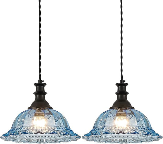 HDDFL Glass Pendant Lights Modern Pendant Lighting Fixtures Hanging Lamp for Kitchen Island Bedroom Dining Room Coffee Shop Hallway Blue and Black 2 Pack