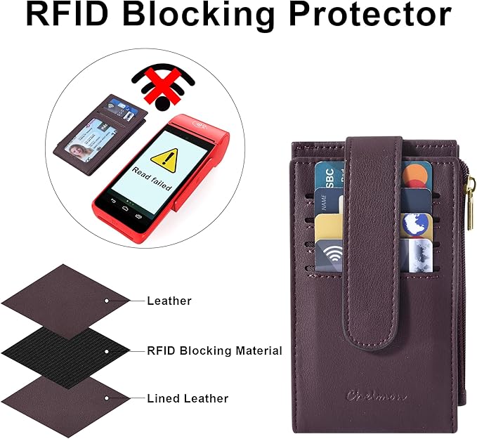 Chelmon Womens Wallet Slim RFID Blocking Bifold Multi Card Case Wallet with Zipper Pocket (Wine Red)