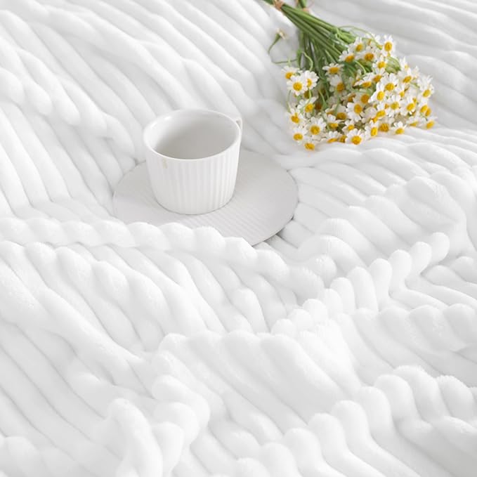 NTBAY Plush Flannel Twin Bed Blanket, 60X80 Inches Soft and Warm Lightweight Blanket with Striped Texture Bed Blanket for Couch Sofa Bed All Seasons, 60"x80", White