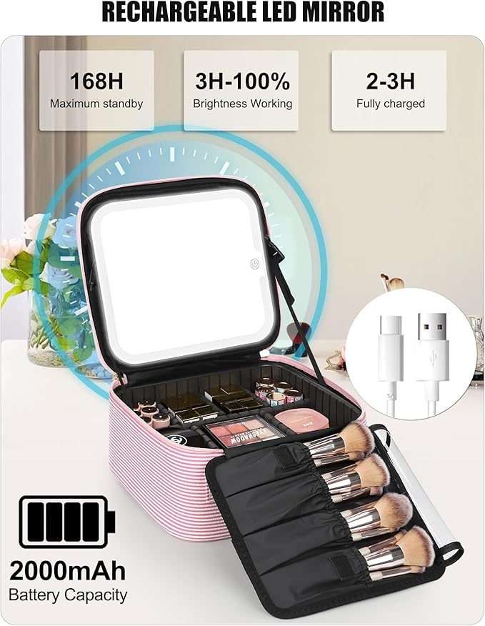 Relavel Travel Makeup Bag With LED Mirror, Portable Cosmetic Bag Organizer with Adjustable Brightness in 3 Color Scenarios, Small Cute Train Case with Detachable Dividers for Trip- Pink Strip