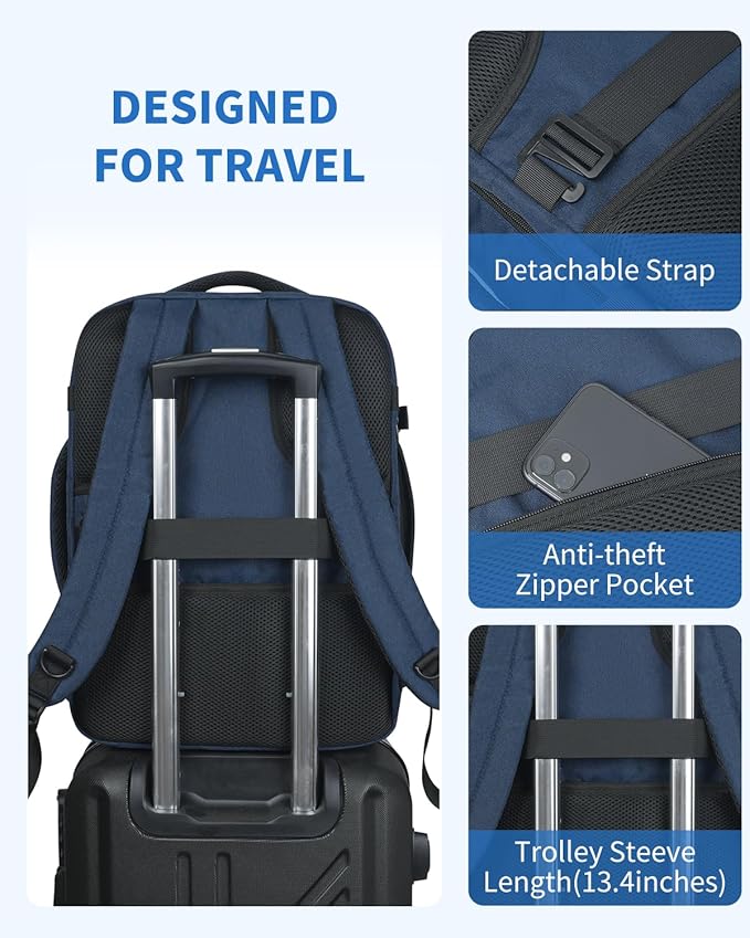 WANDF Travel Backpack For Spirit Airlines Personal Item Bag 18x14x8 with Wet Pocket, 17 Inch Laptop Backpack for Men Women（Navy Blue）