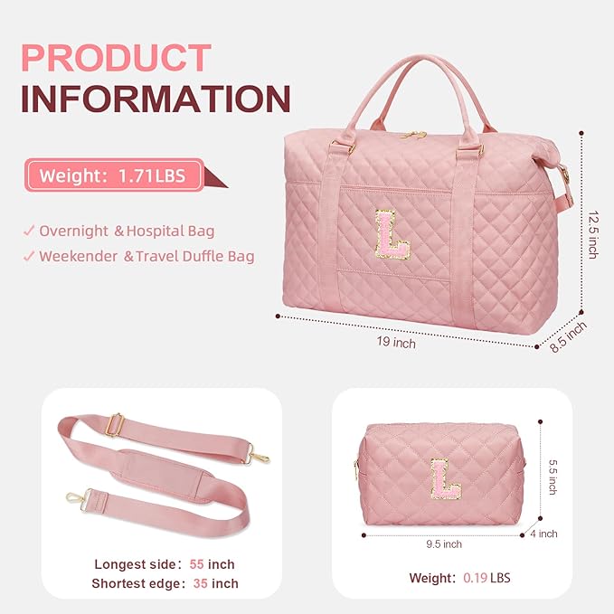 Gifts for Teen Girl, Initial Travel Duffle Bag, Personalized Women Weekender Overnight Bags, Gift for Daughter Kid Mom Friend College Girl Graduation Teacher（Pink,L)