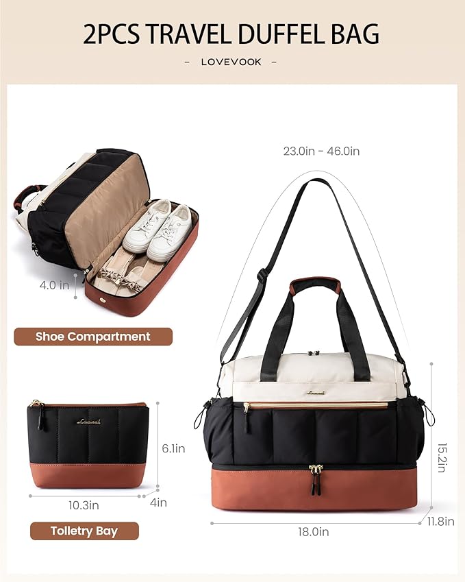 LOVEVOOK Travel Duffel Bag, Weekender Bags for Women, Large Overnight Bags with Shoe Compartment, 38L Carry on Gym Hospital Bag with Wet Pocket, 2 Pcs