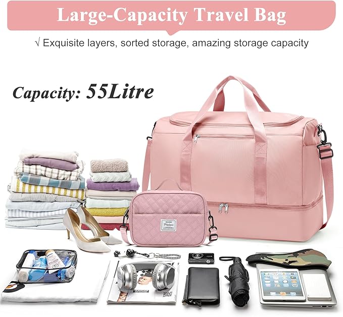 Extra Large Travel Duffle Bag,Carry-on Overnight Bag with Shoes Compartment,Weekender Bags for Women for Travel Business Trips Sport Hospital,3 Pcs Set,Pink