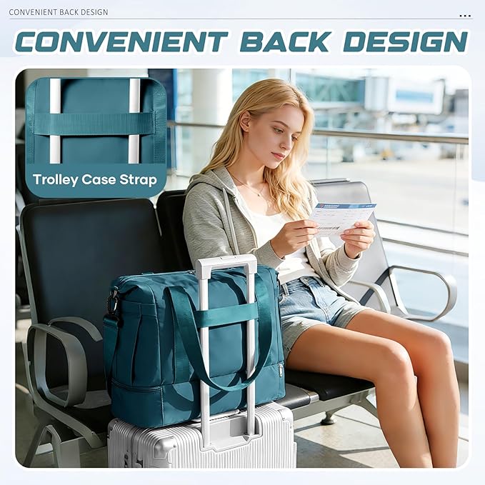 Travel Duffel Bag with Shoe Compartment, Large Weekender Bags for Women Men with Trolley Sleeve for Airplane, Waterproof Carry on Bag Sport Tote Bags Hospital Holdalls, Peacock Blue