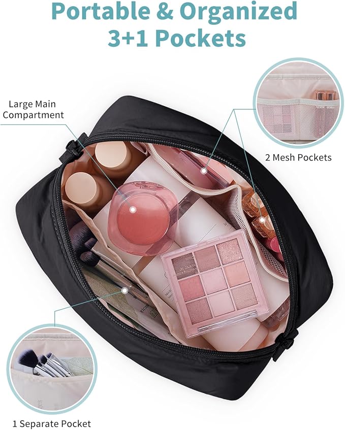 Narwey Quilted Makeup Bag for Women Girl, Puffer Travel Cosmetic Bag Puffy Make Up Bag Organizer, Cute Travel Toiletry Bag for Toiletries (Black)