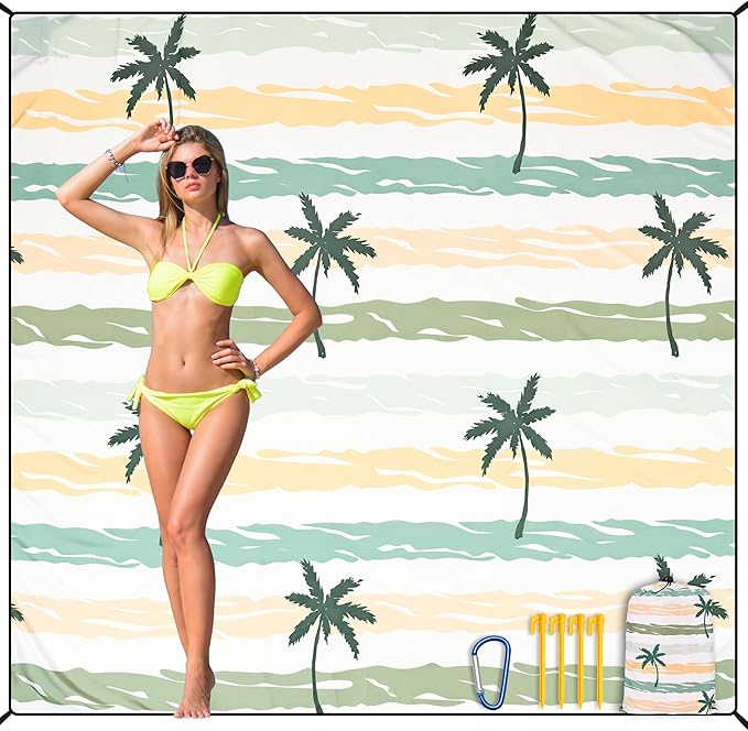 Beach Blanket Waterproof Sandproof Beach Mat 79”x 83” for 1-8 Adults Quick Drying Durable Outdoor Picnic Mat for Beach Festival Travel Camping Hiking (Stripes Cocotree-YL&GN, 79"×83"(4 Person))